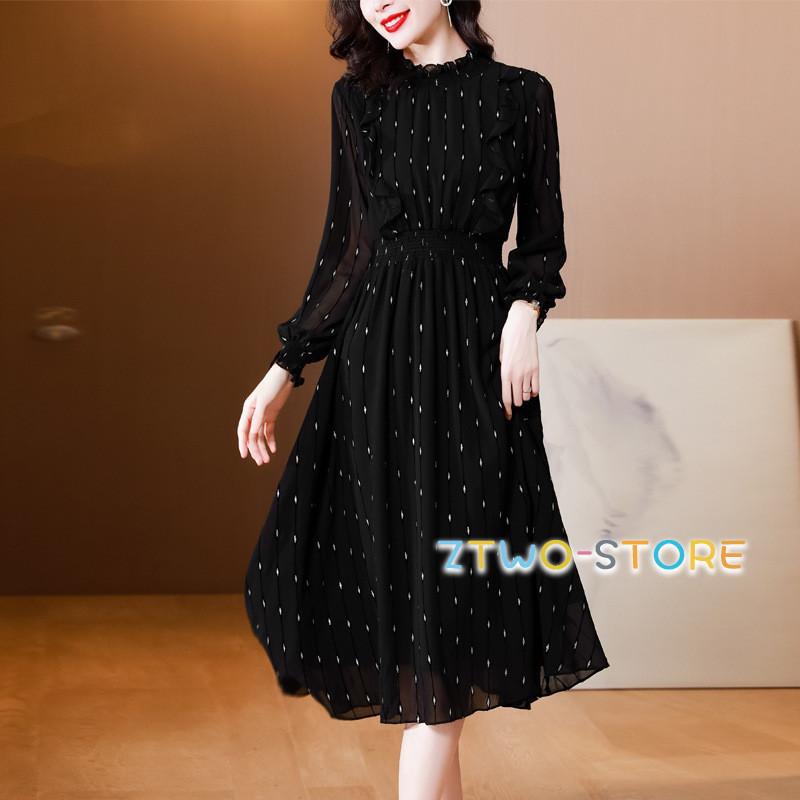 ロングワンピース レディース オシャレ 黒ワンピース 春秋 シフォン
