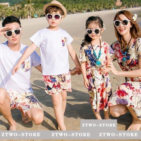 親子メンズ レディース キッズ 花柄リゾートワンピース シャツ+パンツ
