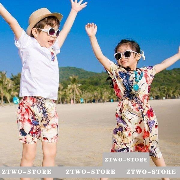親子メンズ レディース キッズ 花柄リゾートワンピース シャツ+パンツ