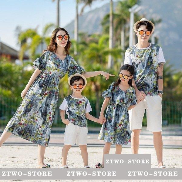 親子服 ビーチ 上下セット Tシャツワンピース花柄母女 家族服 親子