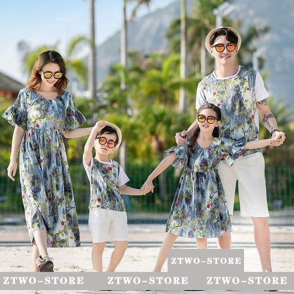 親子服 ビーチ 上下セット Tシャツワンピース花柄母女 家族服