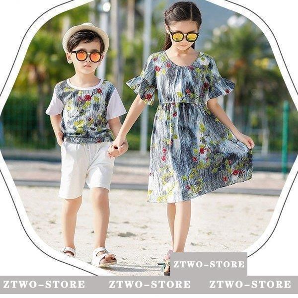 親子服 ビーチ 上下セット Tシャツワンピース花柄母女 家族服 親子