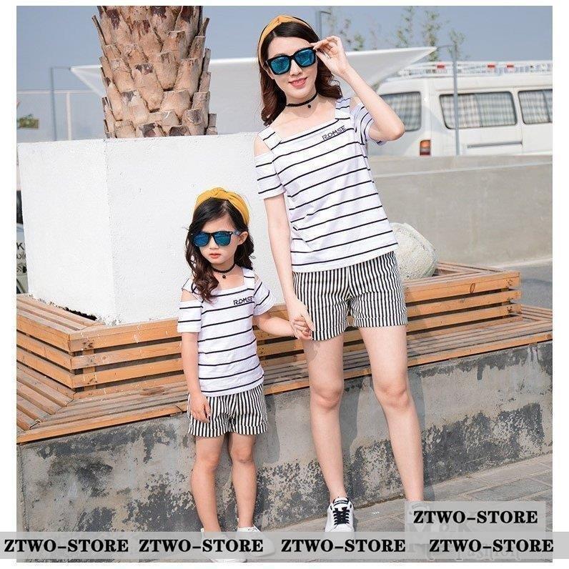 親子 ペアルック ペア 親子お揃い ボーダー柄ペアtシャツ+ショット
