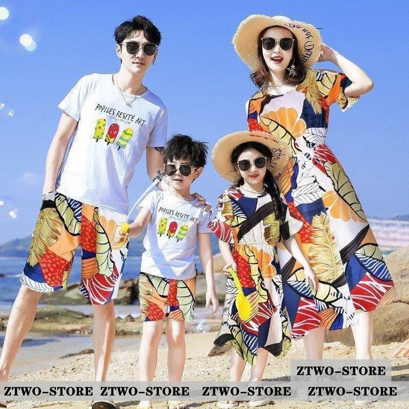 親子メンズ レディース キッズ 花柄リゾートワンピース シャツ+パンツ