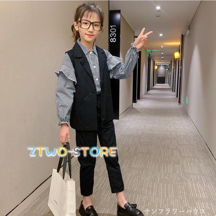 入学式 パンツスーツ 女の子 チェック 柄 フォーマルスーツ 韓国 子供服 子供スーツ キッズ ブラウス ベスト パンツ 3点セット 卒業式 110 160 ピアノ 発表会｜ztwo-store｜05