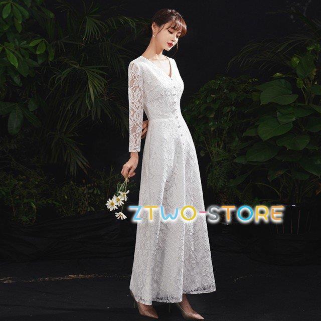 ウェディングドレス 白 二次会 花嫁 ドレス 結婚式 袖あり 長袖 総  