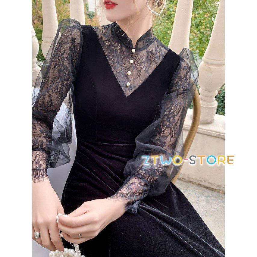 パーティードレス 結婚式 お呼ばれドレス 袖あり ロング 長袖