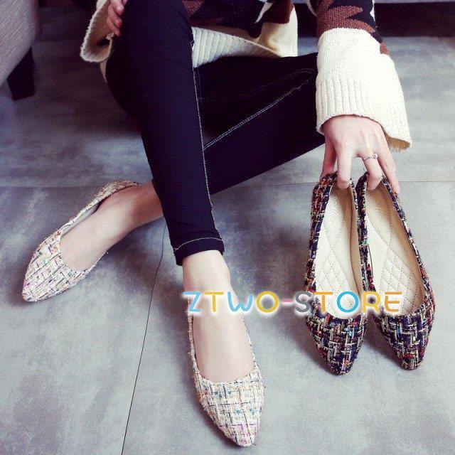 ぺたんこ パンプス ローヒール シューズ レディース ツイード ポイン