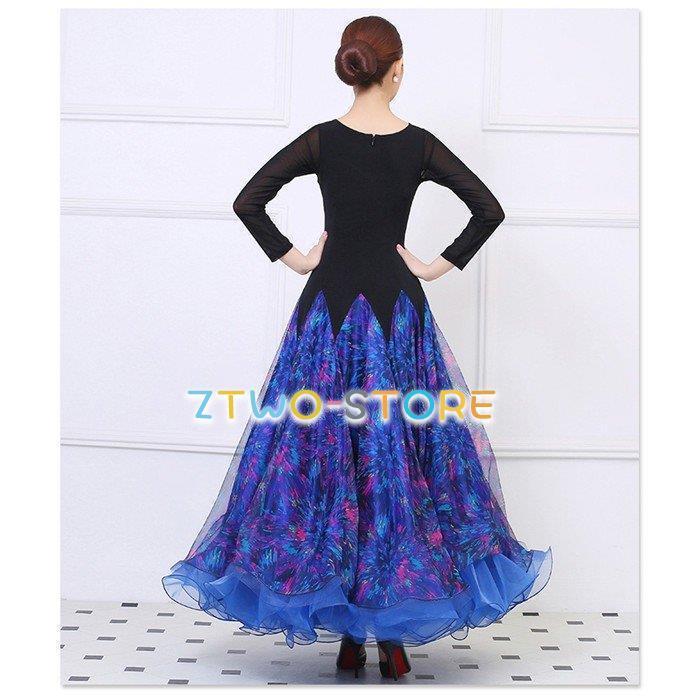 社交ダンスドレス L サイズ 青いフラワープリントのダンスドレス 社交