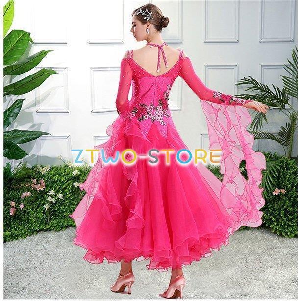 ダンス発表会 モダンドレス 刺繍 社交ダンス衣装 豪華 大きい裾 競技着