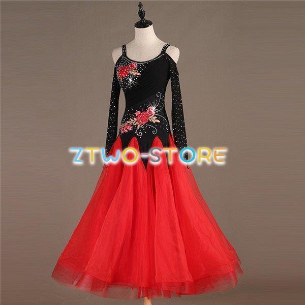 社交ダンス 大きい裾 赤黒　豪華競技着 スタンダードドレス モダンドレス 社交ダンス 衣装 モダンドレス 黒 赤 社交ダンスドレス 大きい裾 豪華