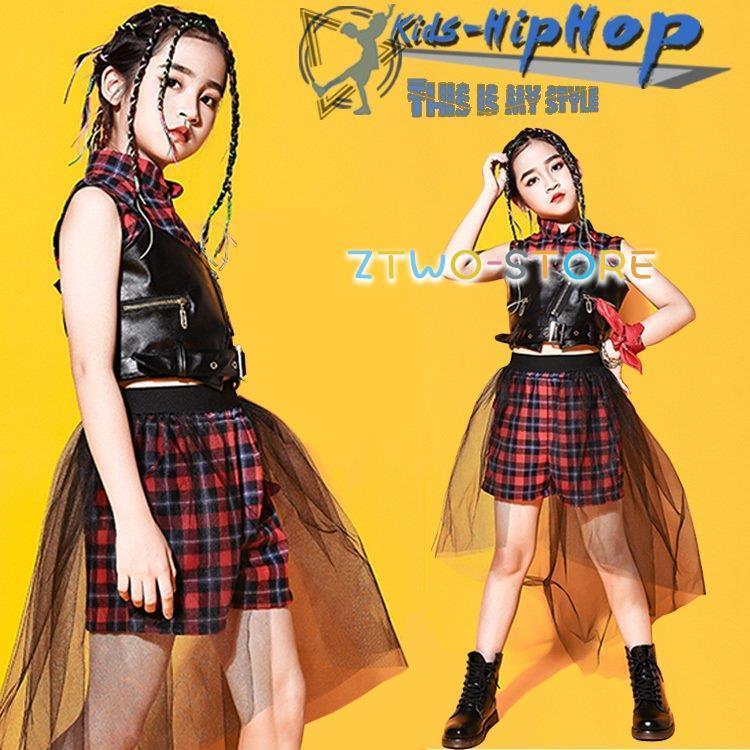 キッズ ダンス衣装 へそ出し トップス チェック柄 レース
