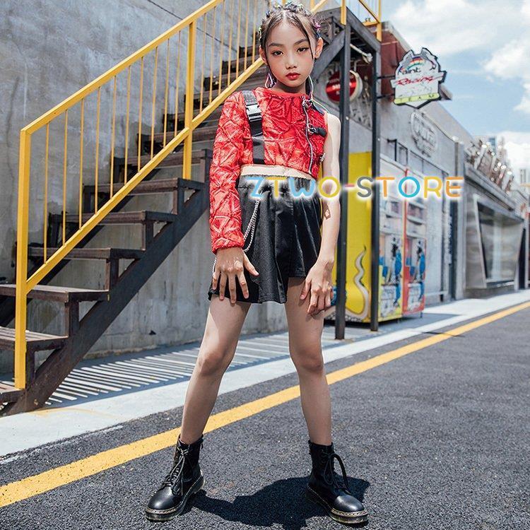 へそ出し キッズ ダンス衣装 スパンコール セットアップ 赤 トップス キラキラ キュロット 黒 スカート ショート丈 Hiphop 韓国 ヒップホップ 発表会 華麗