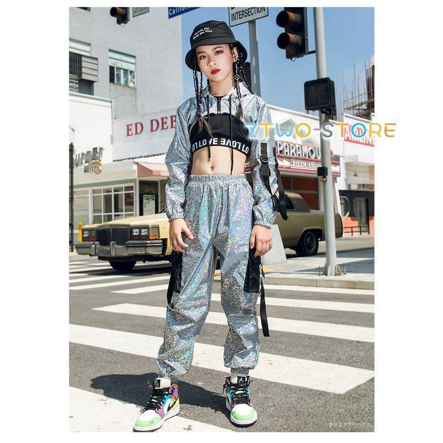 ターコイズ ダンス衣装 3点 セットアップ キッズ ダンス 衣装 セットアップ ヒップホップ へそ出し 3点