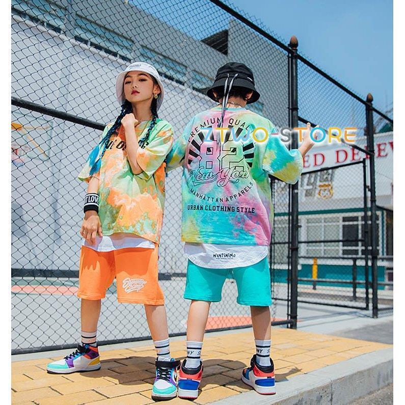 キッズ ダンス衣装 Ｔシャツ ヒップホップ 虹色 トップス ハーフパンツ 男の子 女の子 ストリートダンス ステージ衣装 子供 団体服 ゆったり 発表会｜ztwo-store｜03