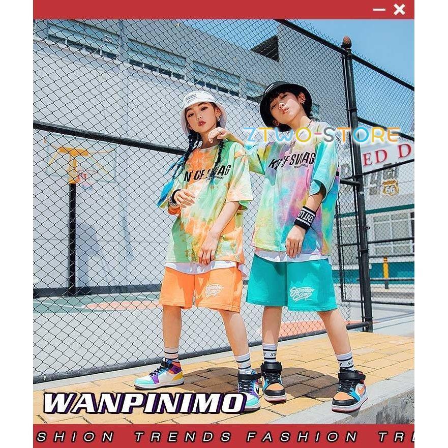 キッズ ダンス衣装 Ｔシャツ ヒップホップ 虹色 トップス ハーフパンツ 男の子 女の子 ストリートダンス ステージ衣装 子供 団体服 ゆったり 発表会｜ztwo-store｜04