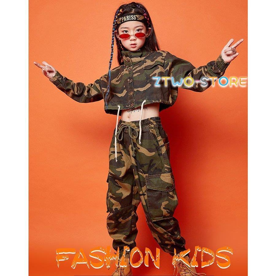 キッズ ダンス衣装 ヒップホップ HIPHOP 子供服 長袖 迷彩 コート へそ