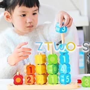 木製パズル ひもとおし 紐通しおもちゃ 数字パズル 英語 積み木