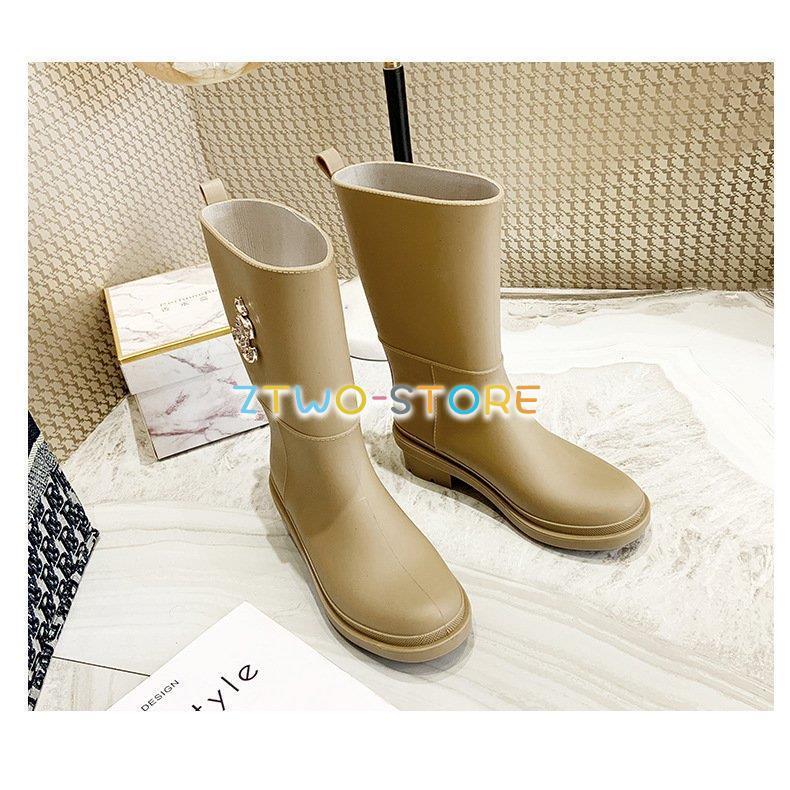 CELINE ベージュ ロゴ入りレインブーツ 雨には超オシャレな長靴 レインブーツ 完全防水 レディース 長靴 雨靴 厚底 きれいめ おしゃれ