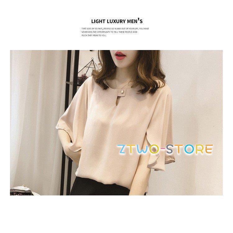 ブラウス レディース 半袖 五分袖 フリル袖 トップス 春 夏 シフォン