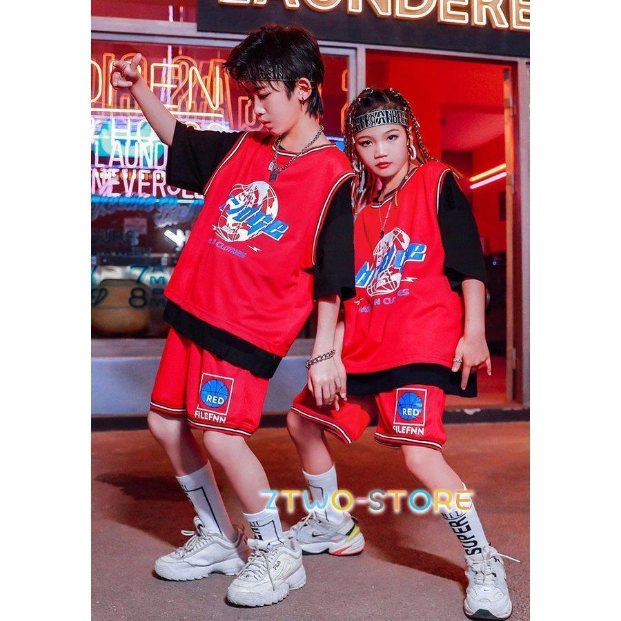キッズ ダンス衣装 セットアップ バスケ服 ベスト 紫 緑 半袖 tシャツ
