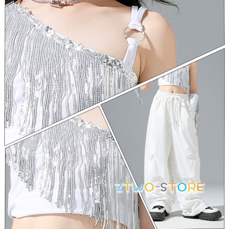 キッズダンス衣装 セットアップ へそ出し タンクトップス 白パンツ