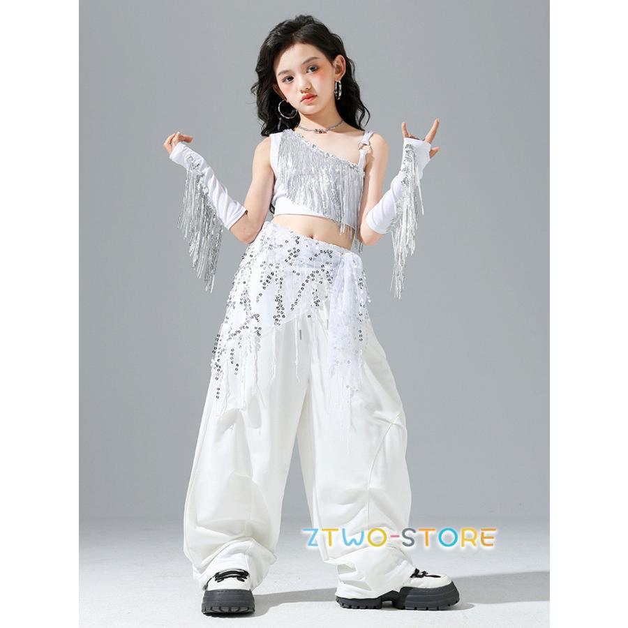 キッズダンス衣装 セットアップ へそ出し タンクトップス 白パンツ