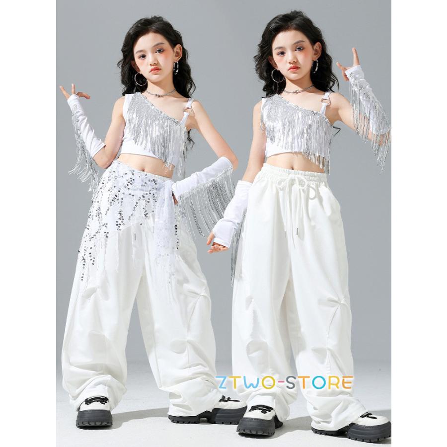 キッズダンス衣装 セットアップ へそ出し タンクトップス 白パンツ