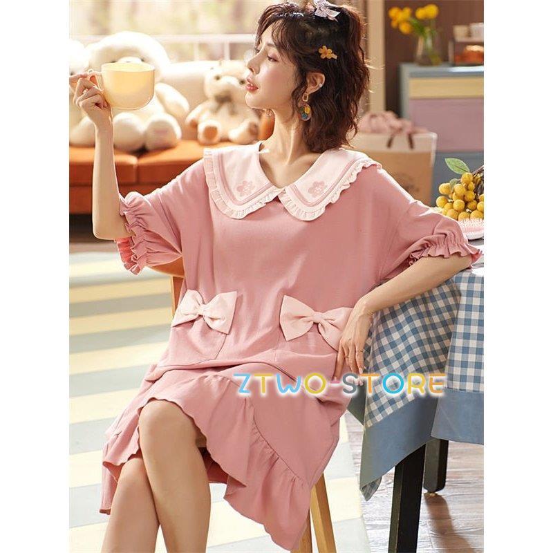 ルームウェア レディース パジャマ かわいい ワンピース リボン 夏 可愛い 部屋着 コットン 大人 体型カバー やわらか 涼しい Ztwo0501 Xj29 Z2ストア 通販 Yahoo ショッピング