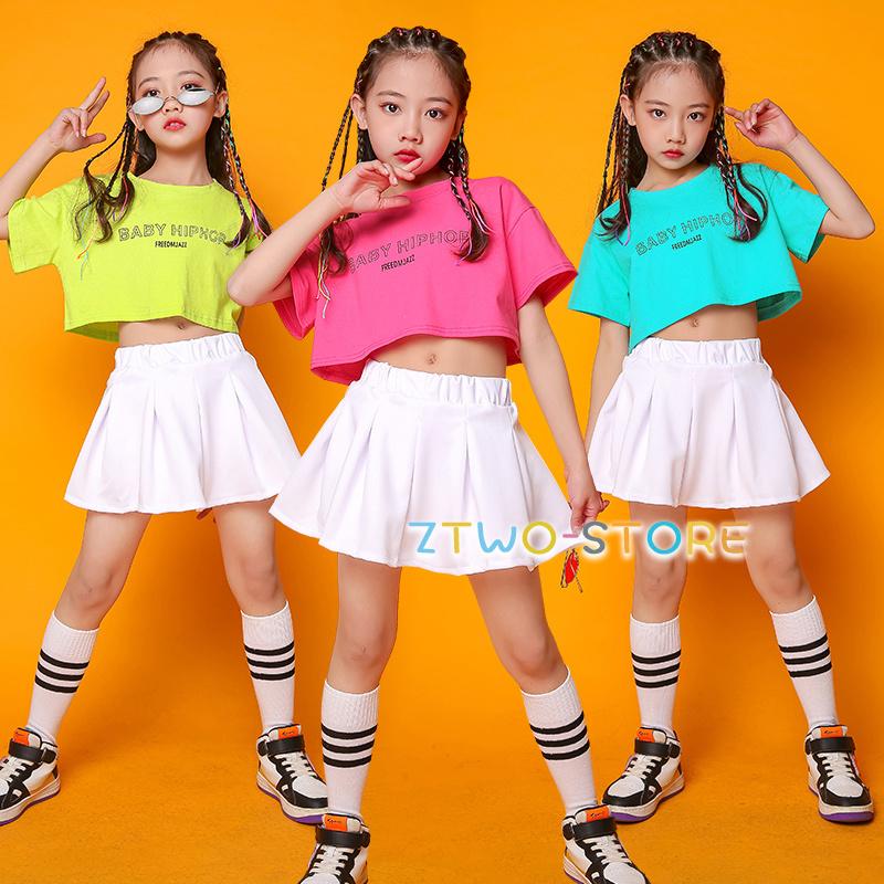 キッズ ダンス衣装 セットアップ へそ出し 半袖トップス 緑 ダンク