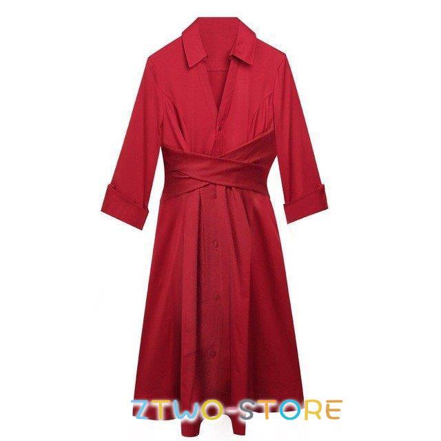 赤 ワンピース 長袖 秋 シャツワンピース レッド 30代 40代