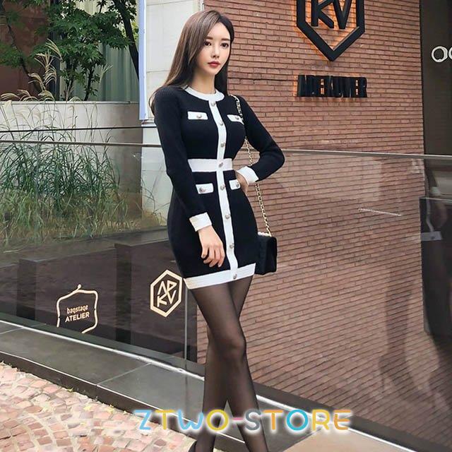 黒 ニットワンピース ミニ丈 長袖 春 秋 タイトワンピース ニット 20代