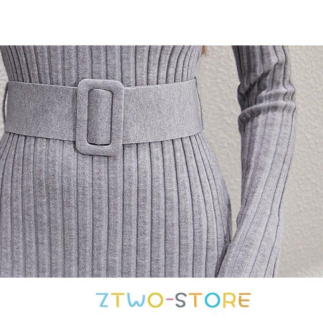 ロング ニットワンピース Vネック タイトワンピース 長袖 ミモレ