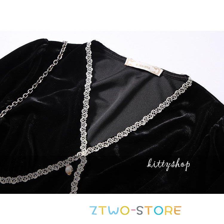 黒 ワンピース レディース ベロア ベルベット ロングワンピース レース