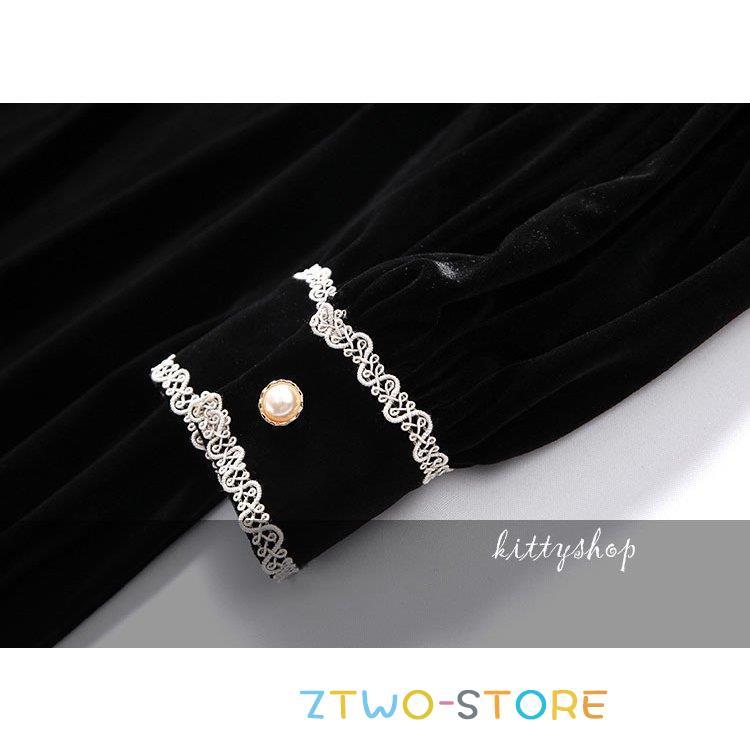 黒 ワンピース レディース ベロア ベルベット ロングワンピース レース