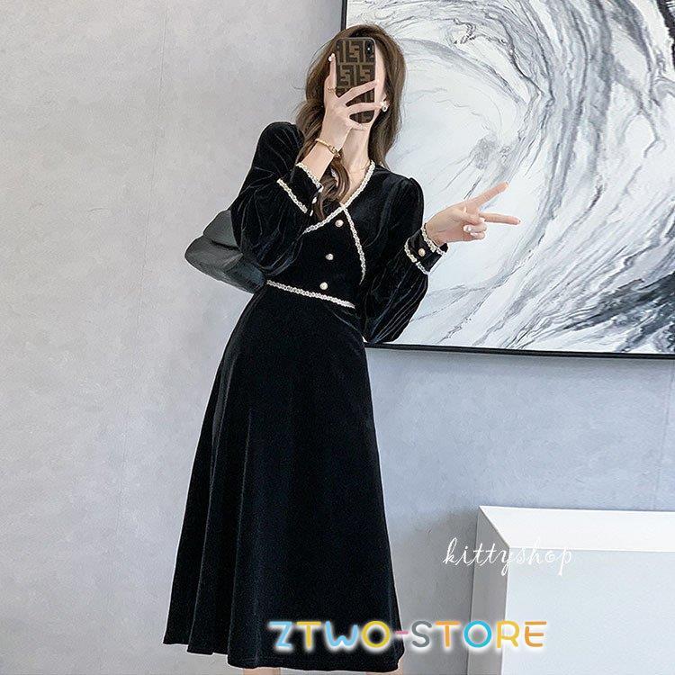 黒 ワンピース レディース ベロア ベルベット ロングワンピース レース