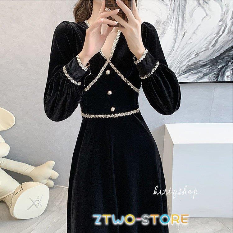 黒 ワンピース レディース ベロア ベルベット ロングワンピース レース