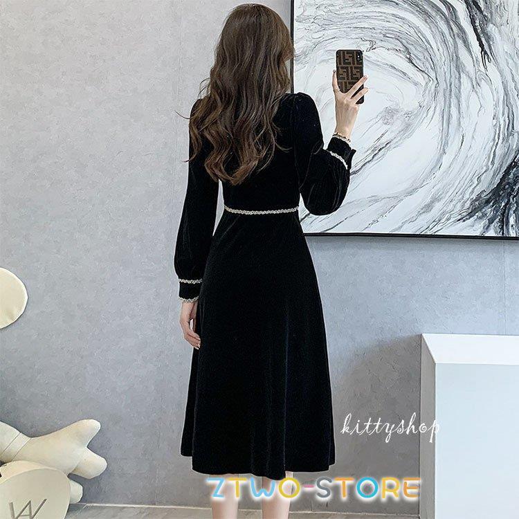 CLANE ロングワンピース ベロア ドット お呼ばれドレス ブラック vネック CLANE ロングワンピース ベロア ドット お呼ばれドレス ブラック vネック