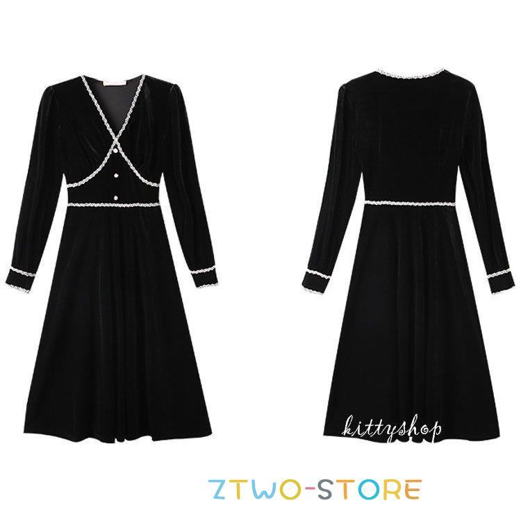 黒 ワンピース レディース ベロア ベルベット ロングワンピース レース