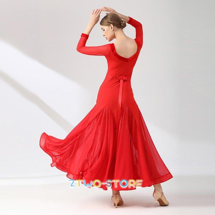 社交ダンスドレスレディース モダンダンス ロング丈ワンピース 長袖 レッスン着 フラメンコ ワルツ専用ドレス スタンダード練習着