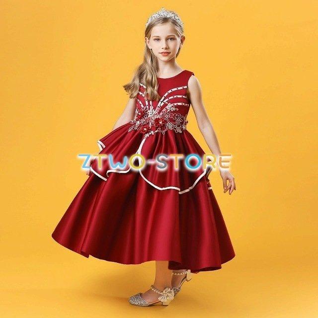 子供ドレス　ピアノ発表会ドレス　子供フォーマルドレス　フラワーガール　レッド　ネイビー　ダークピンク 女の子ドレス　プリンセスドレス　お誕生会　演奏会 | ブランド登録なし | 12