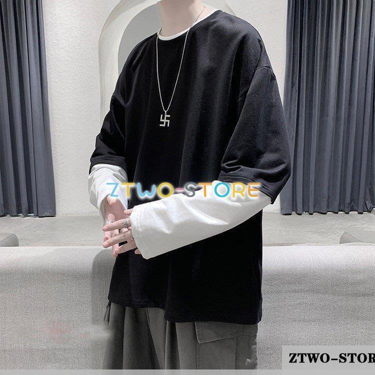 ロンT メンズ 長袖 ロングTシャツ 重ね着風 ティーシャツ メンズT