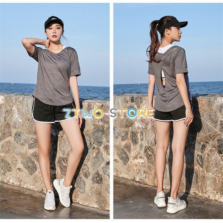 ヨガウェア トップス 半袖 Tシャツ レディース バッククロス 透かし感
