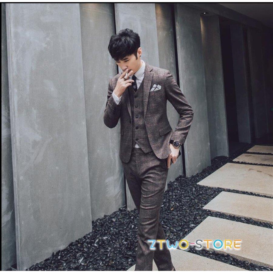 秋春新作 メンズ ビジネススーツ　結婚式 3点セット スリムカジュアル　紳士着 チェック スタイリッシュ セットアップ 無地 フォーマル オフィス 通勤 スーツ 秋春新作 メンズ ビジネススーツ 結婚式 3点セット スリムカジュアル