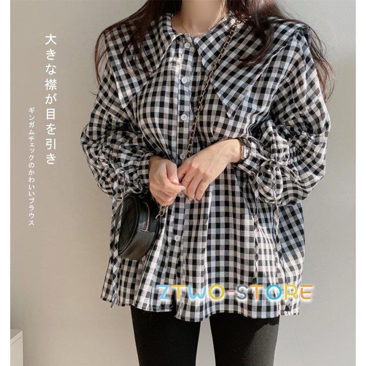 ブラウス レディース ギンガムチェック ゆったり ビッグカラー シャツ
