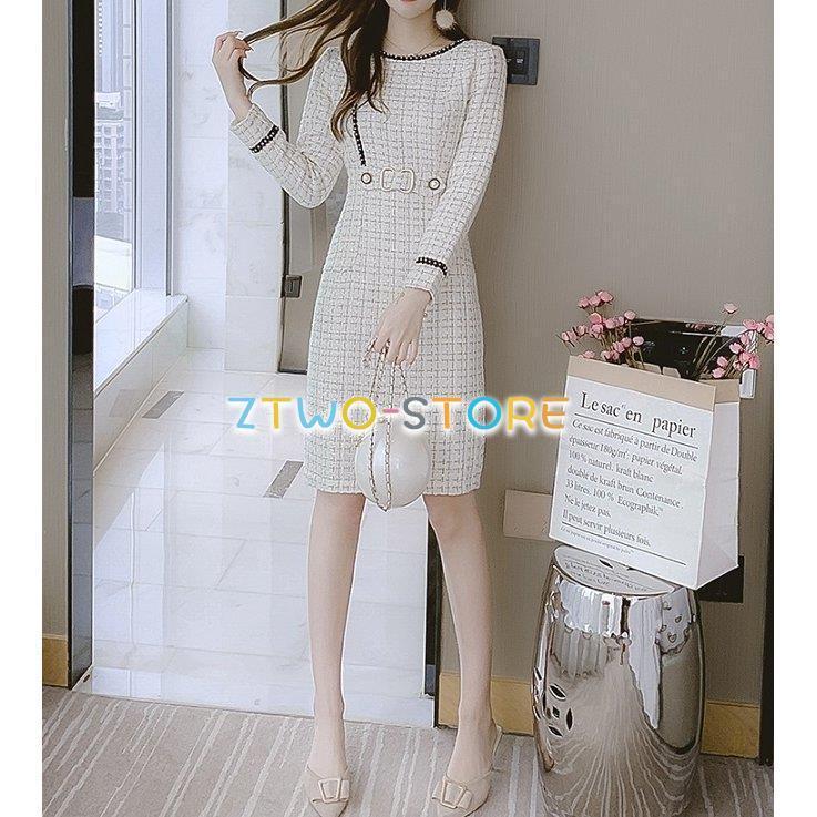 ワンピース レディース 長袖 ラウンドネック 膝丈 ツイード ウエスト  