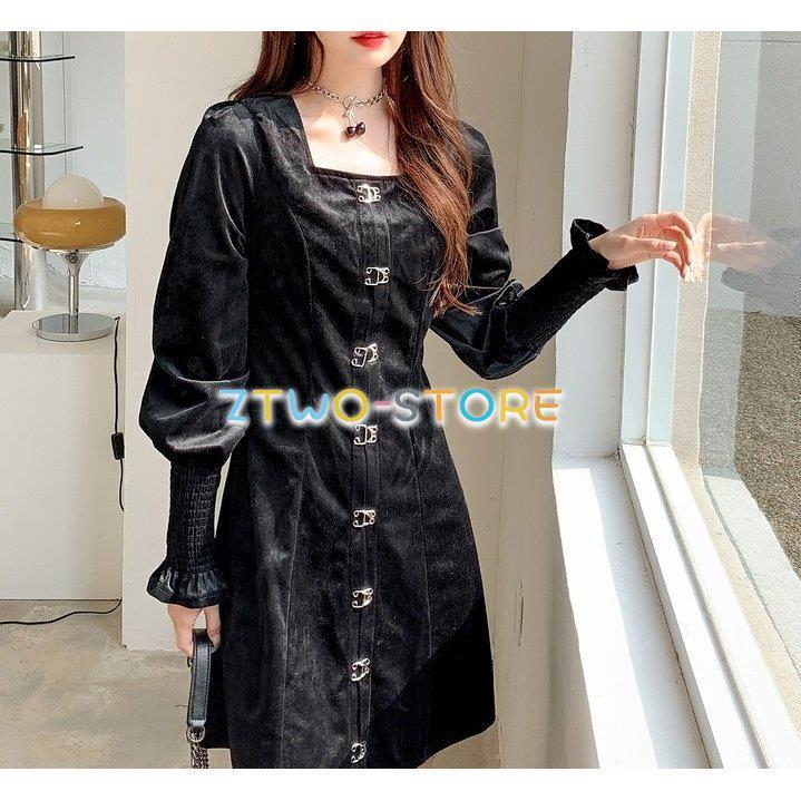 ワンピース レディース 長袖 ショート丈 Aライン スクエアネック