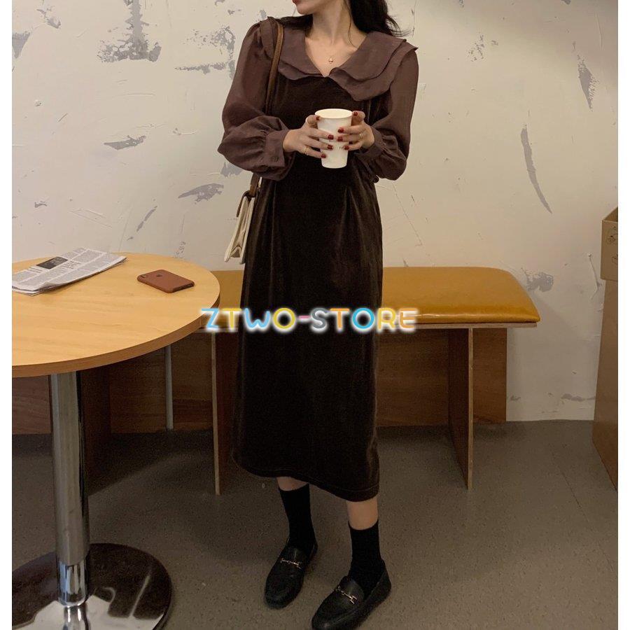 レディース ワンピース 長袖 ミドル丈 Aライン ベルベット フェイクツーピース レイヤード風 無地 ガーリー エレガント 大人カジュアル 体型カバー S M Ztwo1330 Nz1135 Z2ストア 通販 Yahoo ショッピング