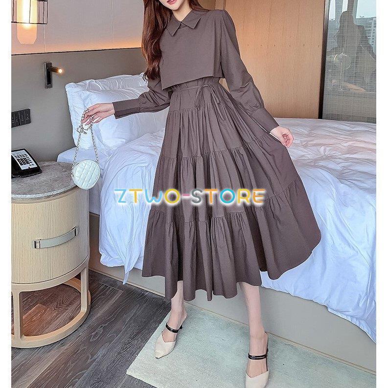 3色有り レディース ワンピース 長袖 ロング丈 ティアードスカート  