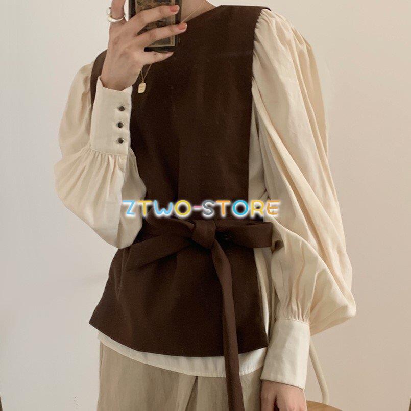 レディース ブラウス ベスト 2点セット 長袖 シャツ ニットベスト レイヤードセット トップス パフスリーブ ウエストマーク 無地 ゆったり 体型カバー S-M